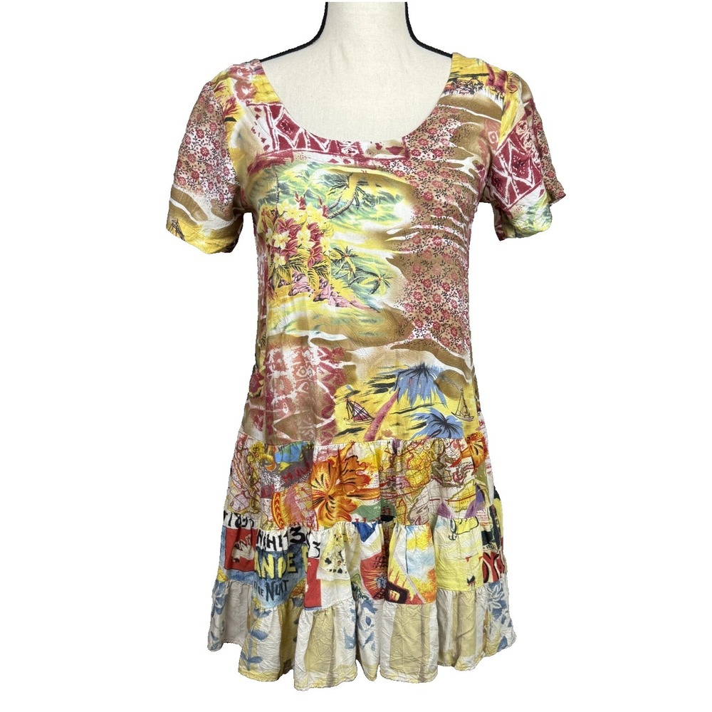 Vtg Jams World Dress Womens XS Patchwork Trapeze Drop Waist Ruffle Hem Tropical